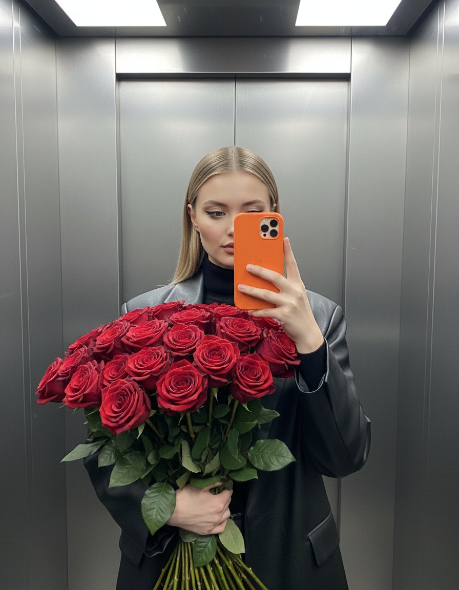 Селфи с розами в лифте