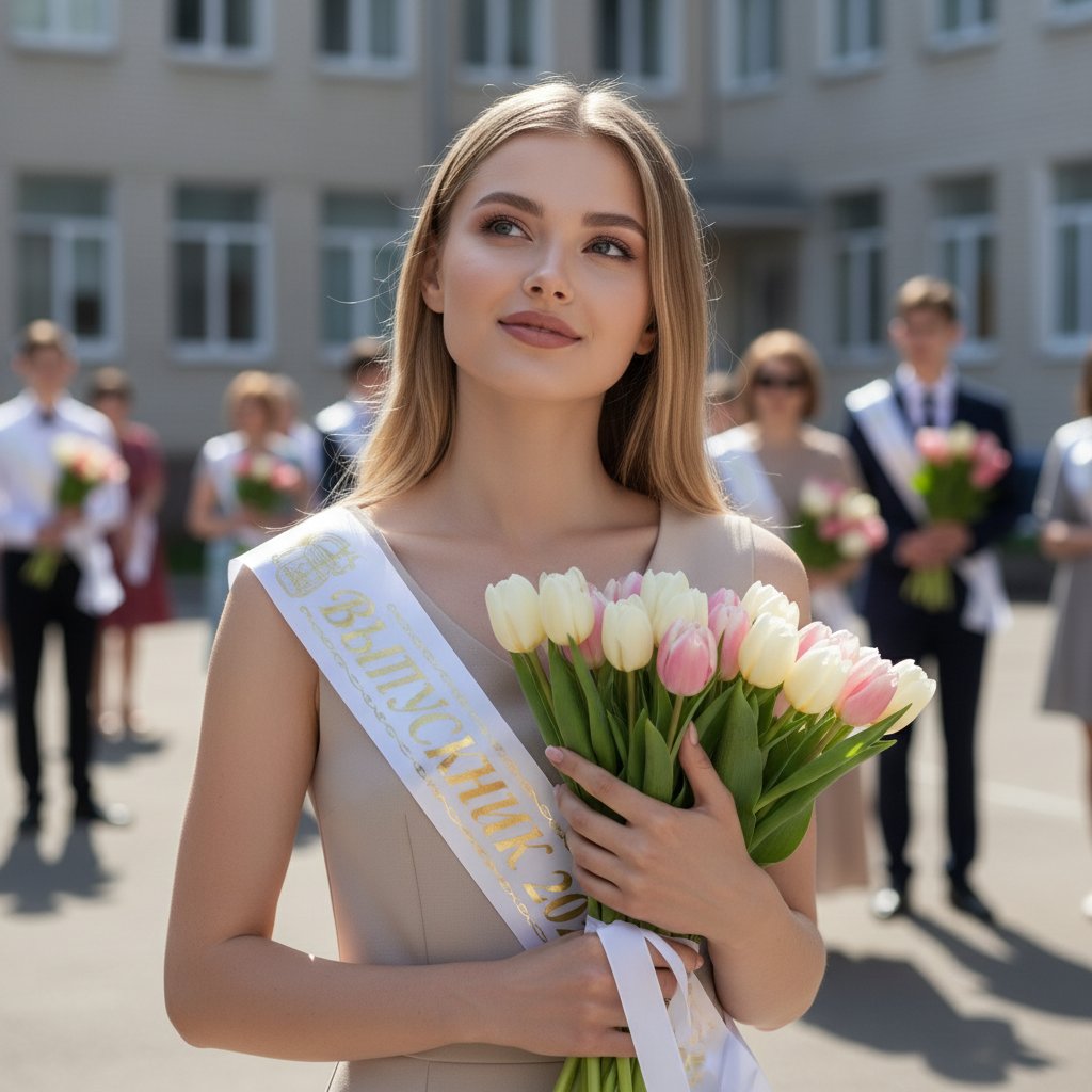 Выпускница с тюльпанами
