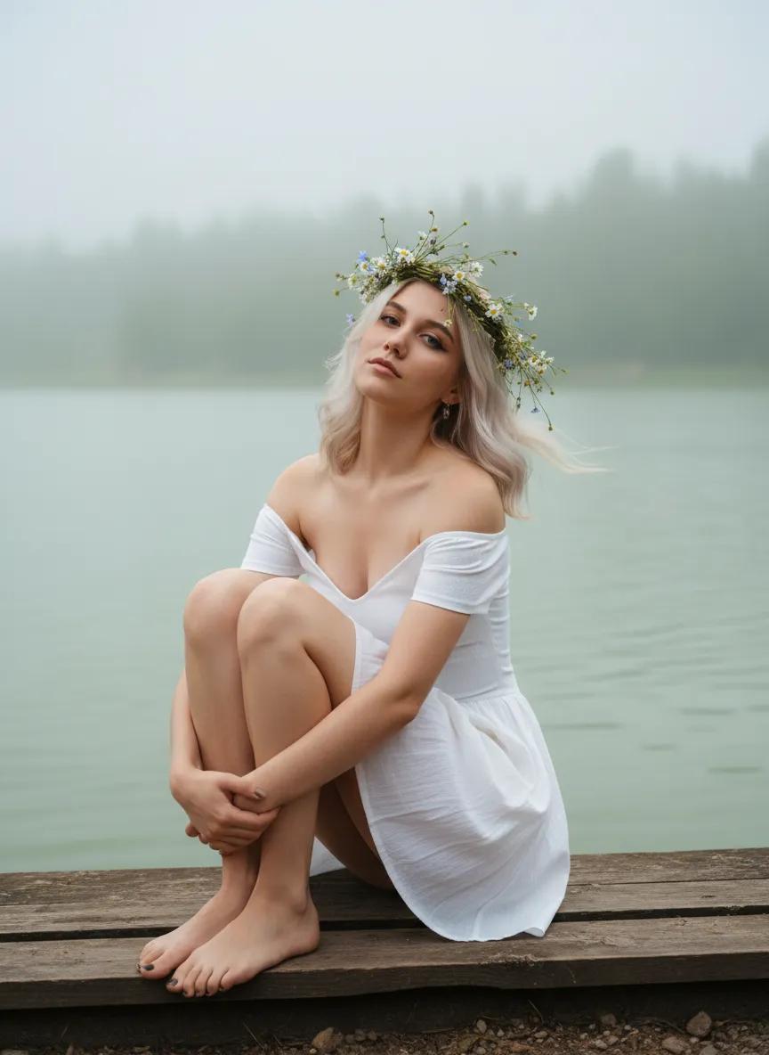В платье у туманного озера