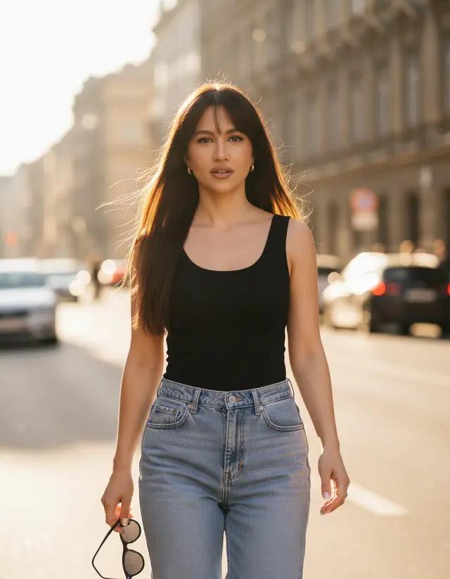В черной майке и джинсах